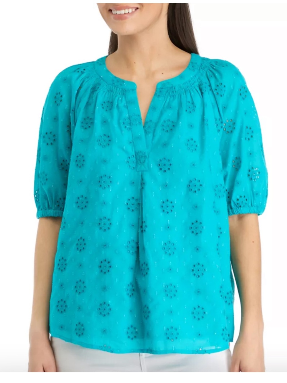 Crown & Ivy Short Puff Sleeve Eyelet Peasant Top teal size 3X